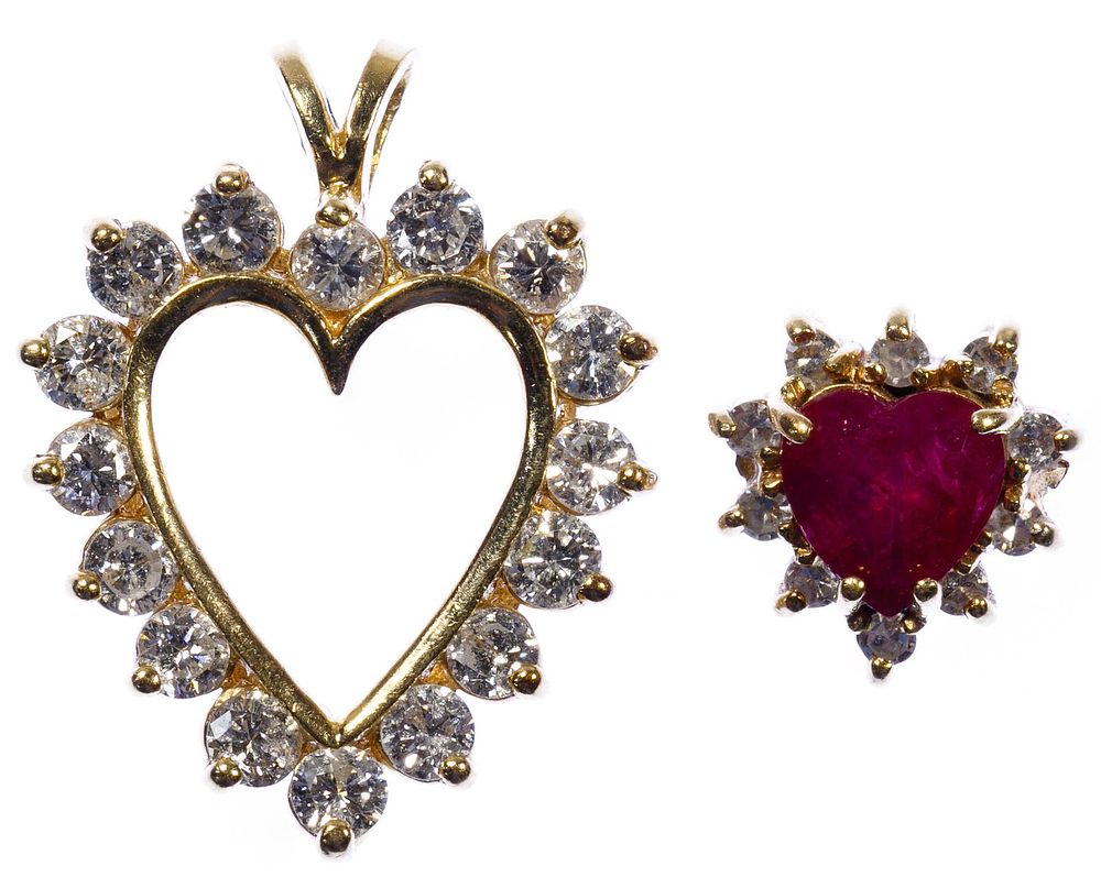 Lot 482: 14k Gold, Ruby and Diamond Heart Pendants