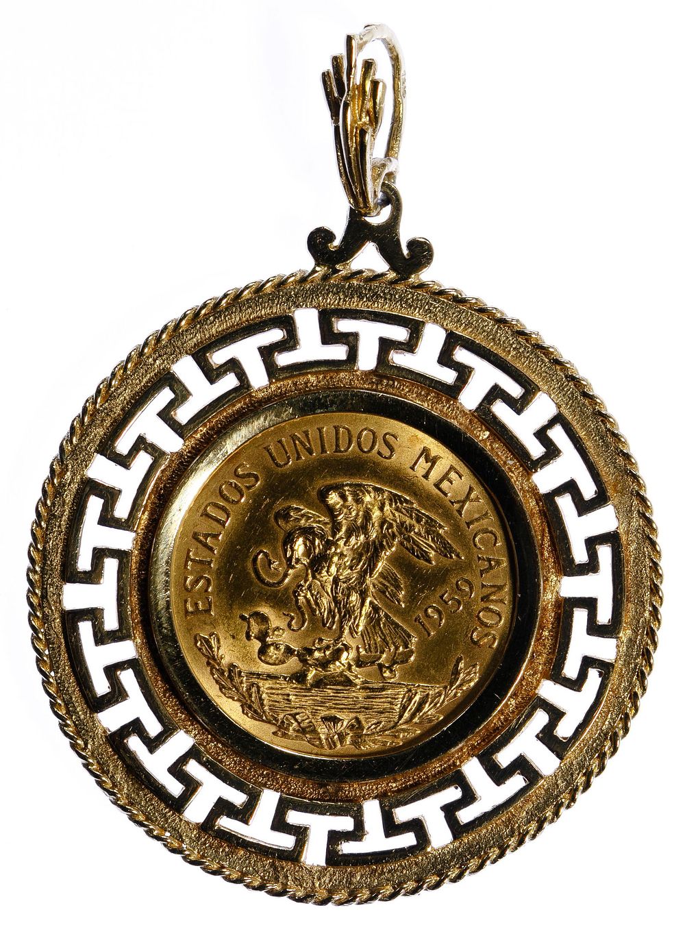 Lot 516: Mexico: 1959 20 Pesos Gold in 14k Gold Holder Pendant