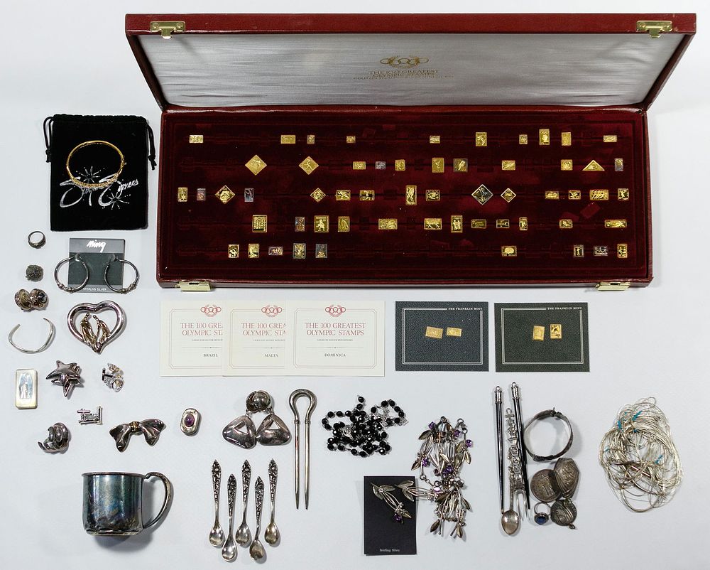 Lot 534: Sterling Silver Jewelry and Miniature Stamp Assortment