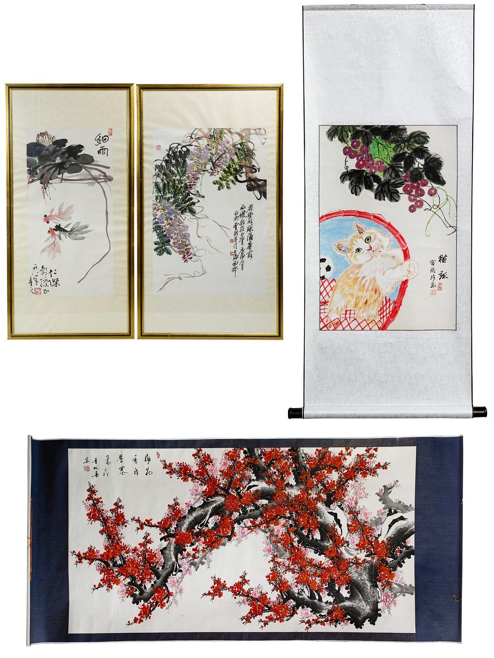 Lot 194: Asian Watercolor Scroll and Framed Art Assortment