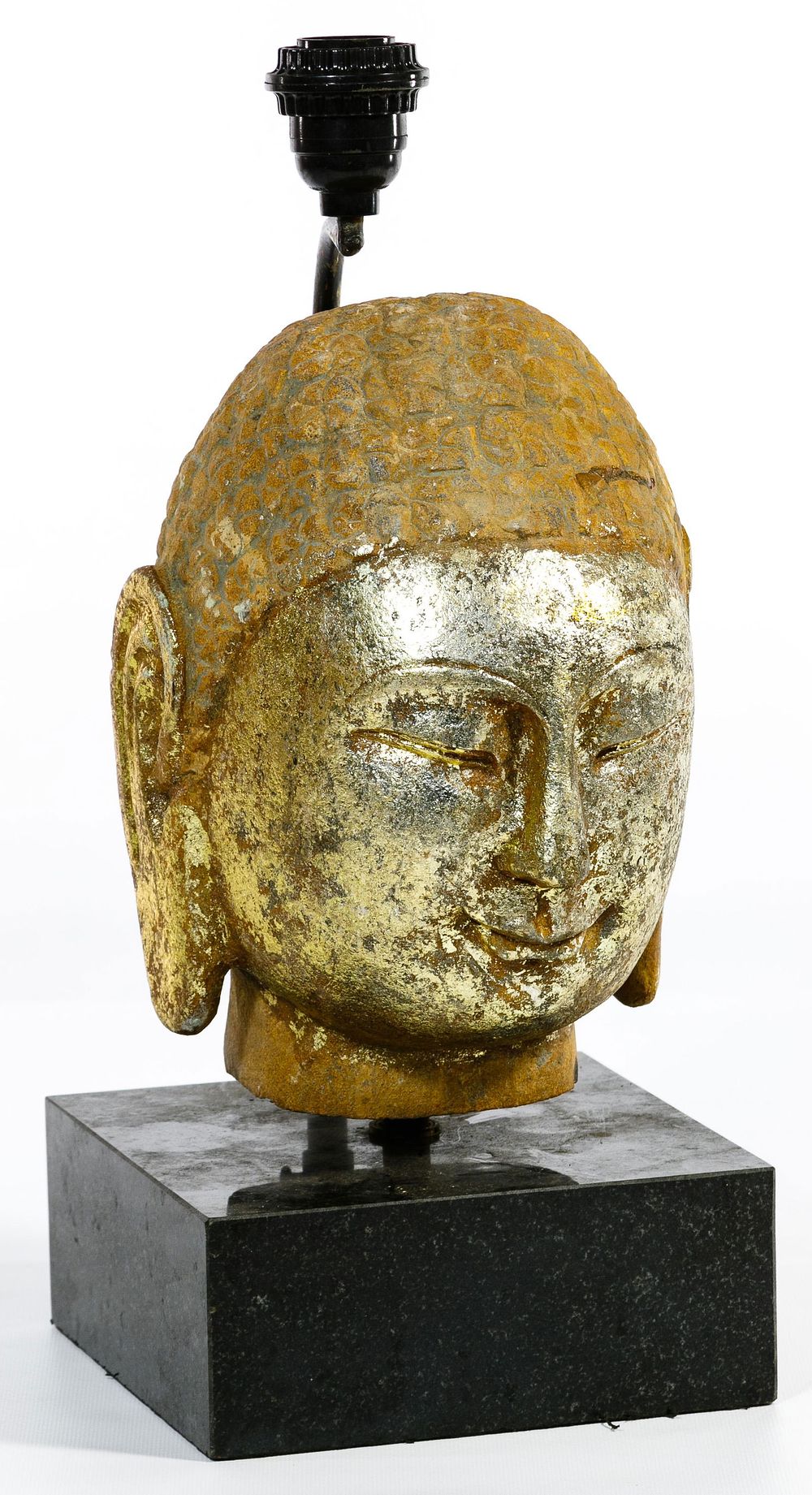Lot 203: Chinese Gilt Sandstone Buddha Head on Marble Plinth
