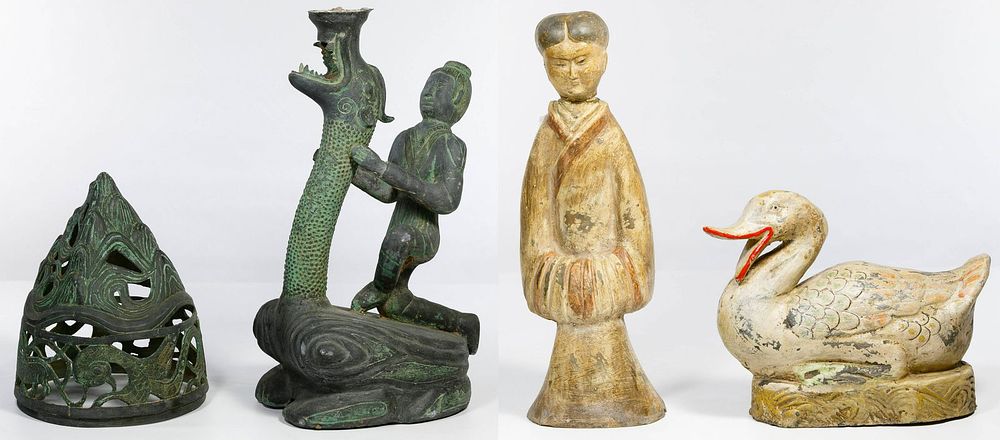 Lot 206: Chinese Han Dynasty Style Bronze Lamp and Figurine