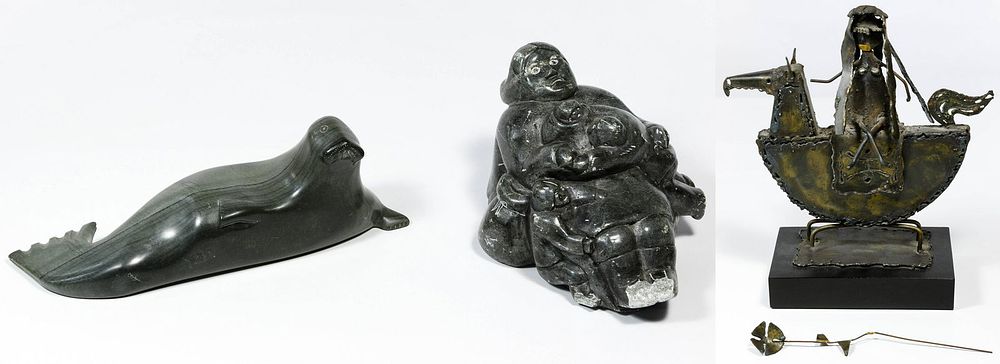 Lot 239: Inuit Carved Soapstone and Metal Statues