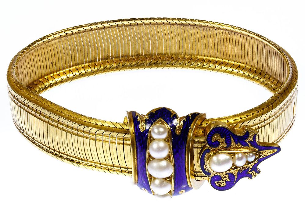 Lot 413: 18k Gold, Enamel and Pearl Adjustable Bracelet