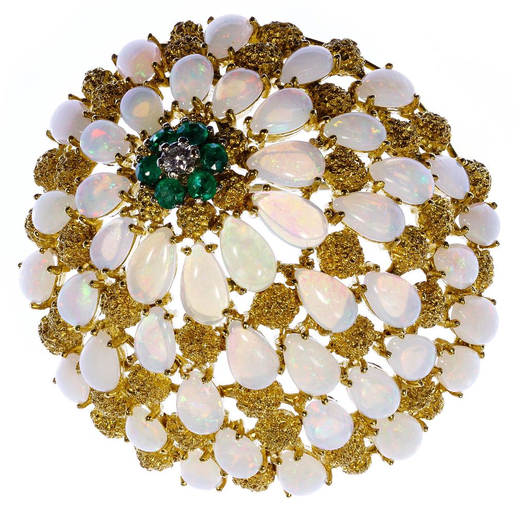 Lot 426: 18k Gold, Opal, Emerald and Diamond Brooch