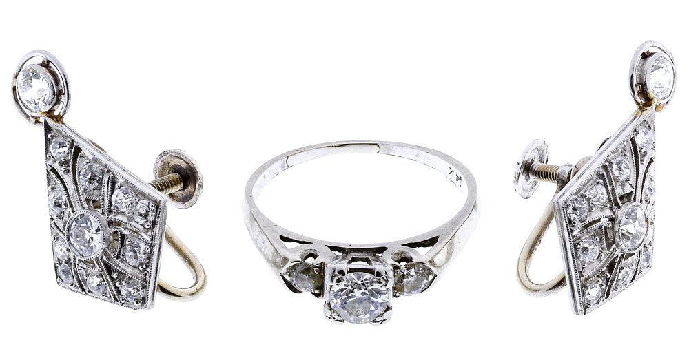 Lot 427: 14k White Gold and Diamond Ring and Earrings