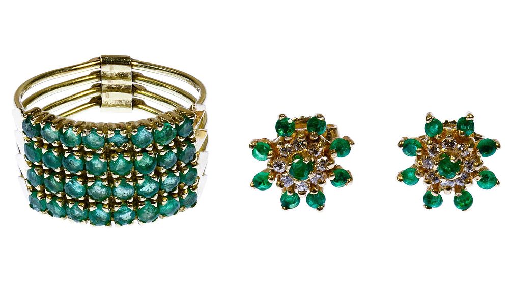 Lot 438: 14k Gold and Emerald Ring and Earrings