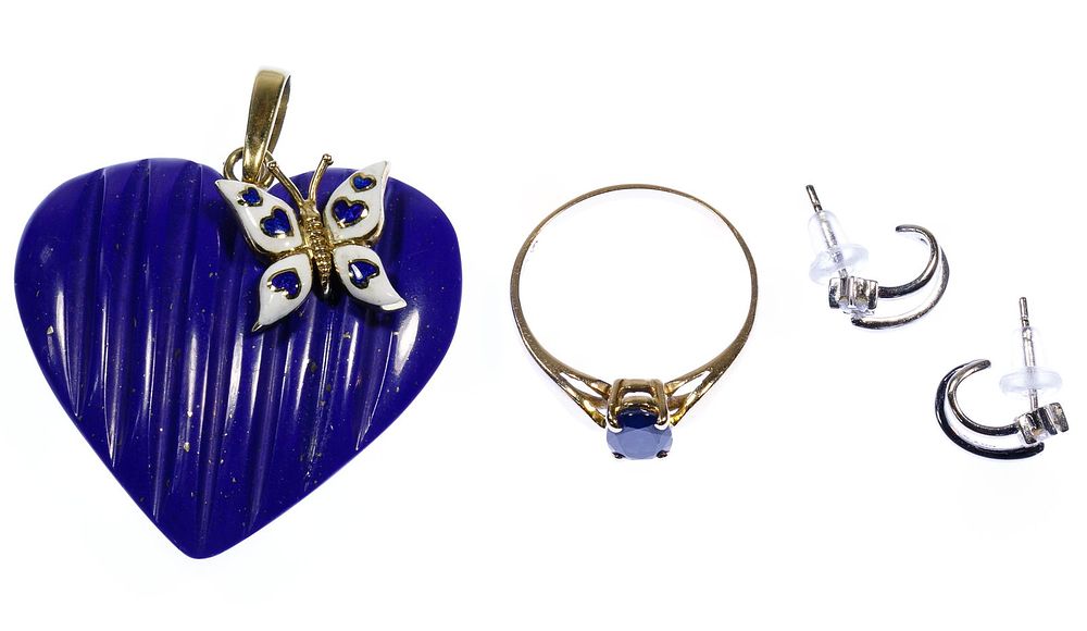 Lot 442: 14k Gold and Diamond Earrings, Sapphire Ring and