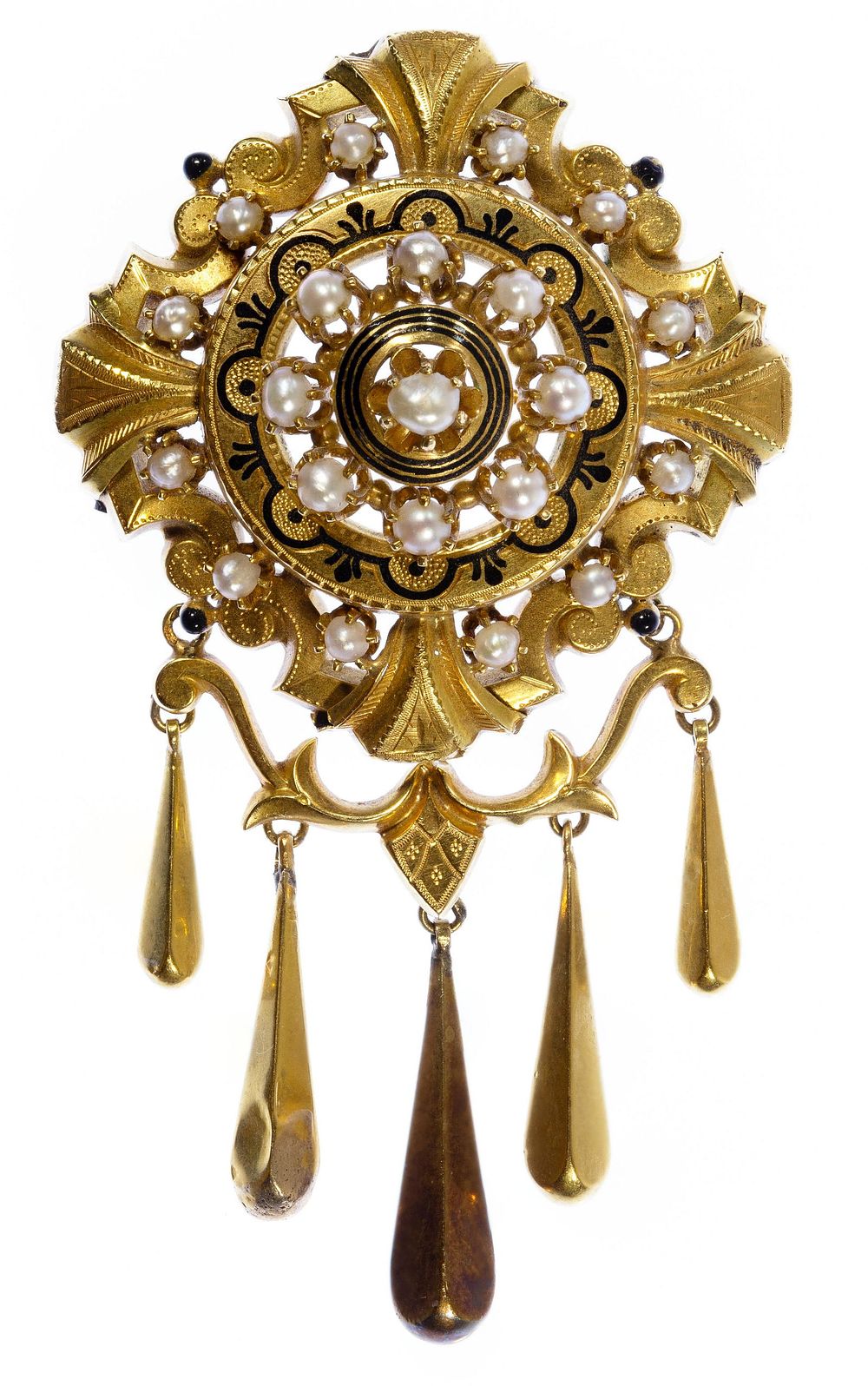 Lot 459: 14k Gold, Pearl and Enamel Brooch / Pendant