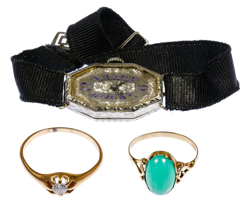 Lot 499: Sorority 20k White Gold Wrist Watch and 14k Gold Ring