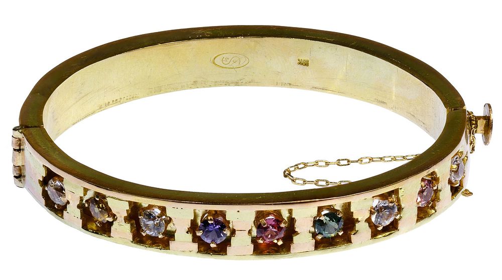 Lot 287: 18k Gold and Sapphire Hinged Bangle Bracelet
