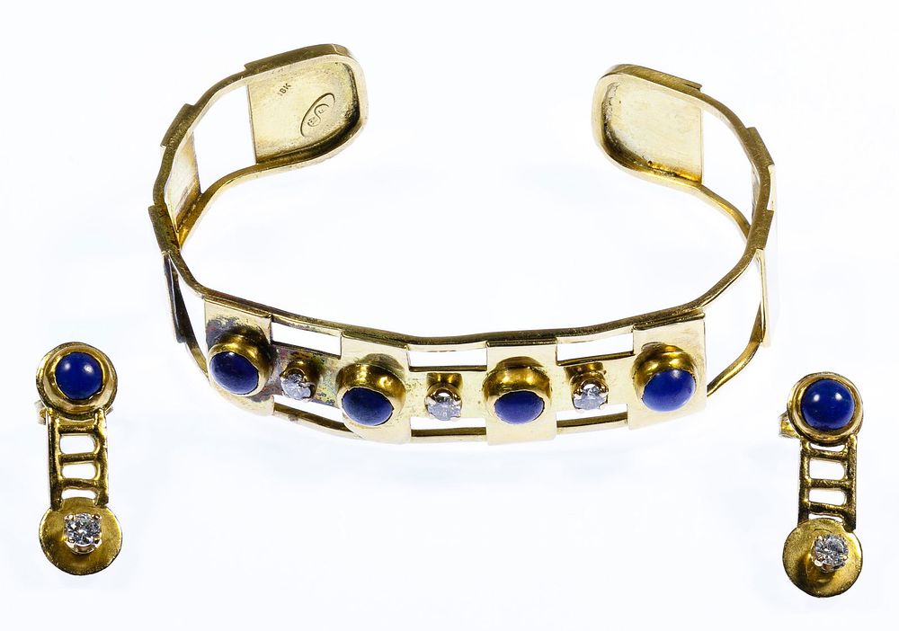 Lot 289: 18k Gold, Lapis Lazuli and Diamond Cuff Bracelet and