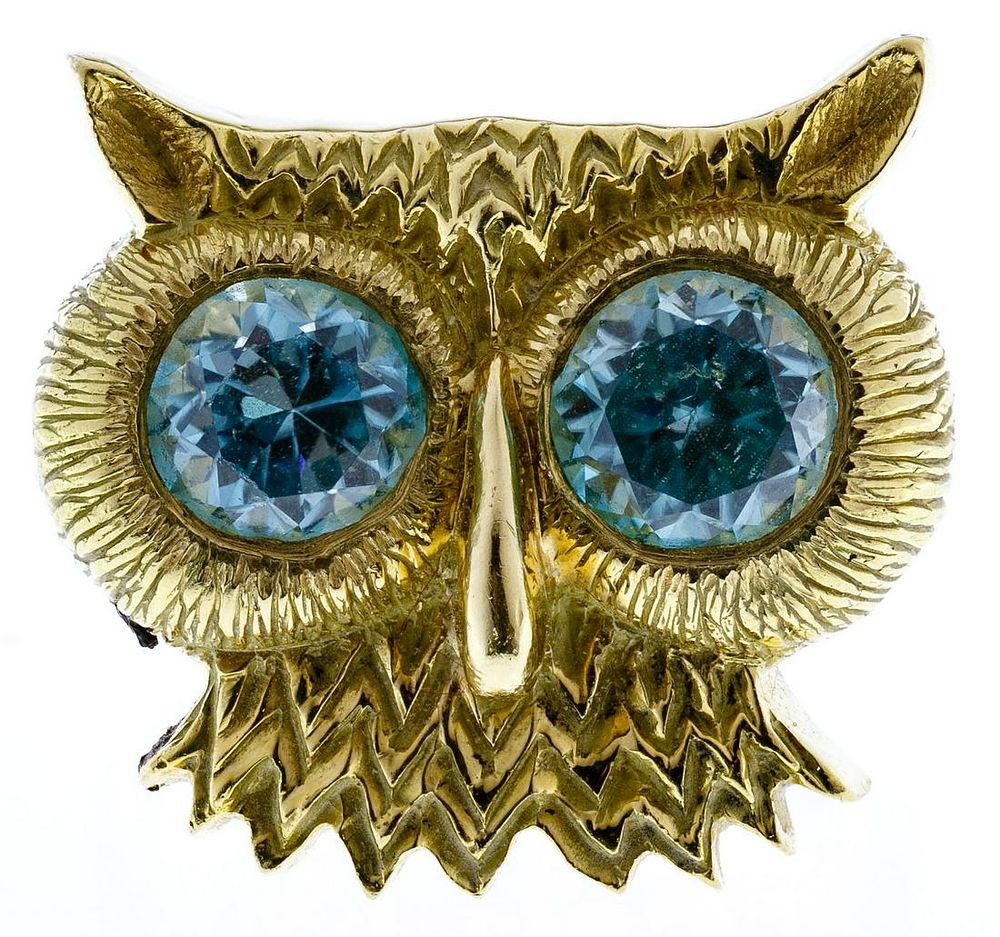 Lot 295: Ron Ray 18k Gold and Blue Topaz Owl Ring