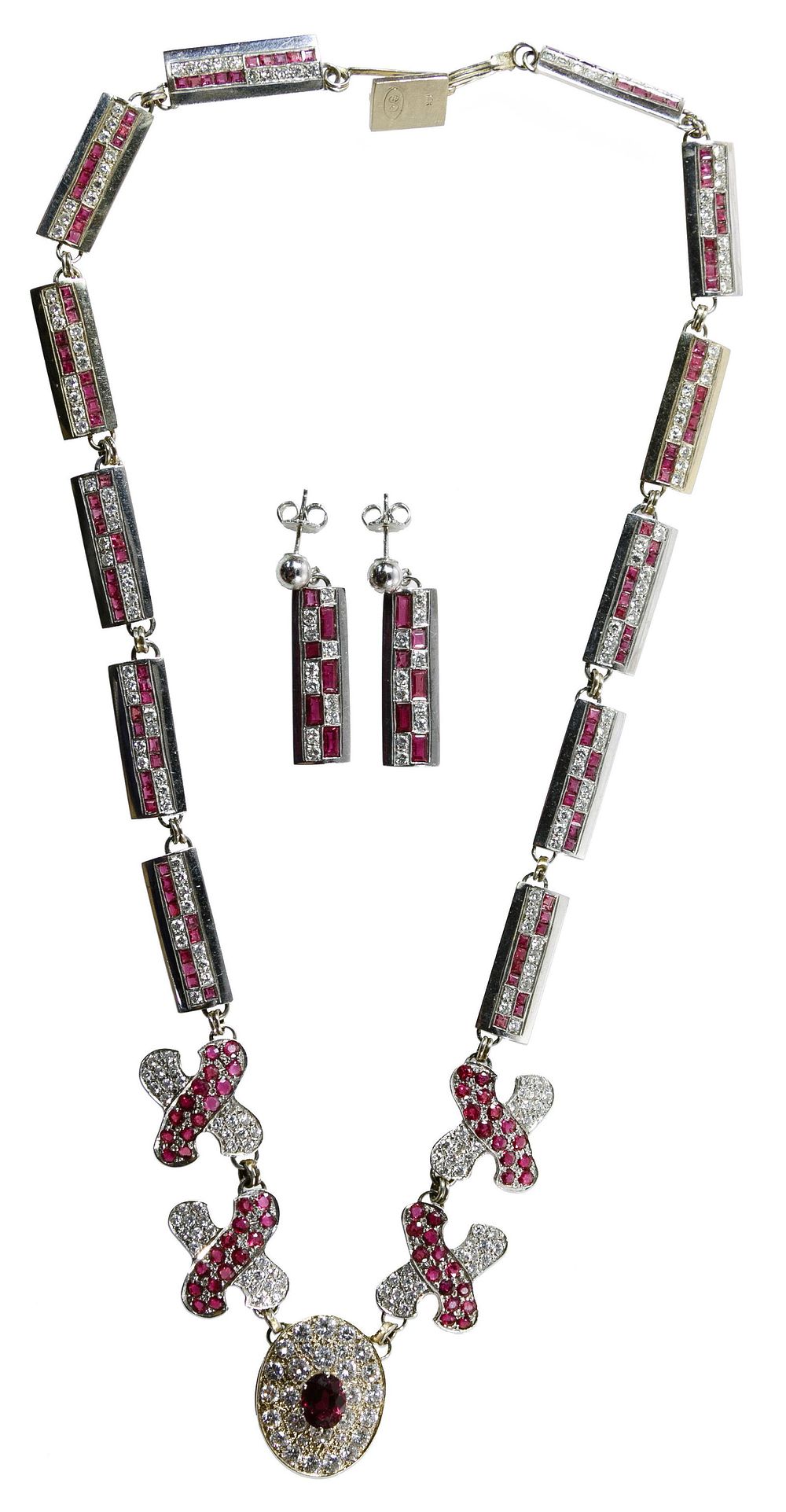 Lot 335: 14k White Gold, Ruby and Diamond Necklace and Earrings