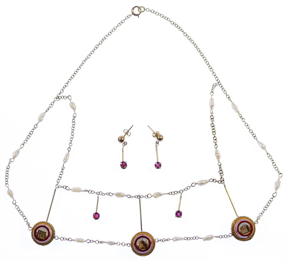 Lot 338: 14k Gold and Micro-Mosaic Necklace with Earrings