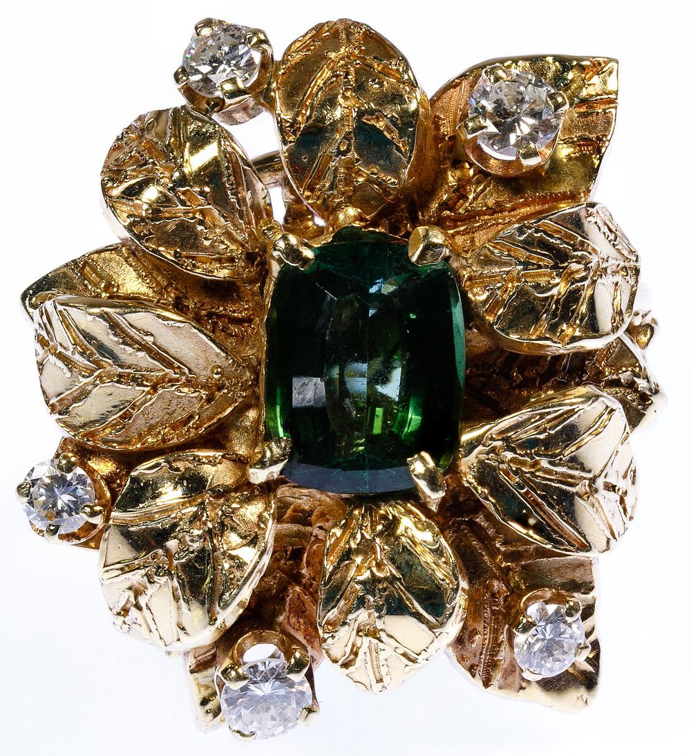 Lot 346: 14k Gold, Emerald and Diamond Flower Ring