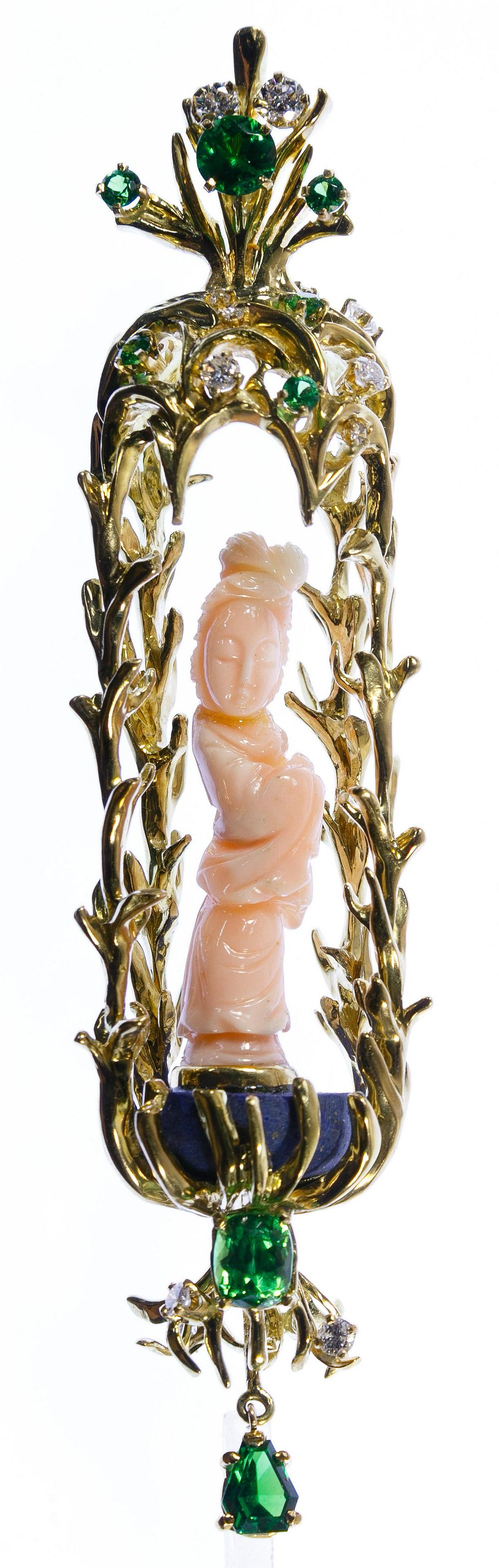Lot 368: 14k Gold, Emerald, Coral and Diamond Pendant