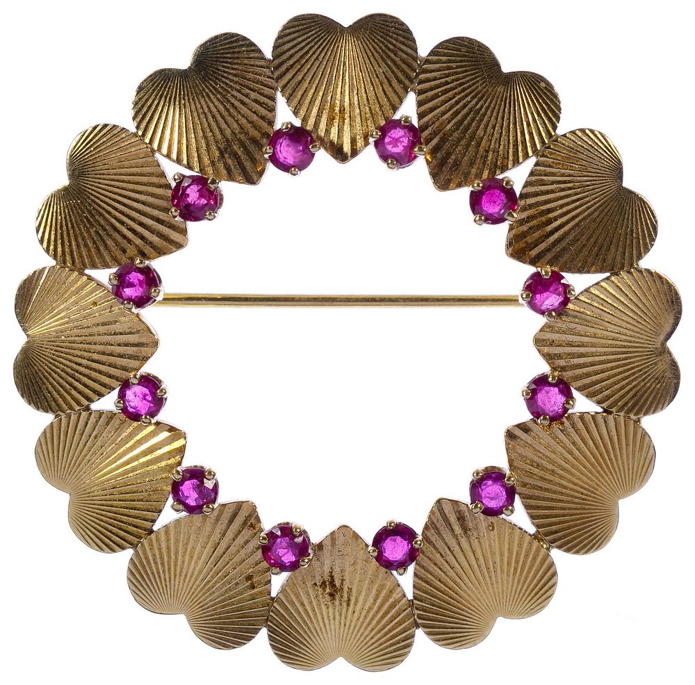 Lot 388: Tiffany & Co 14k Gold and Ruby Brooch