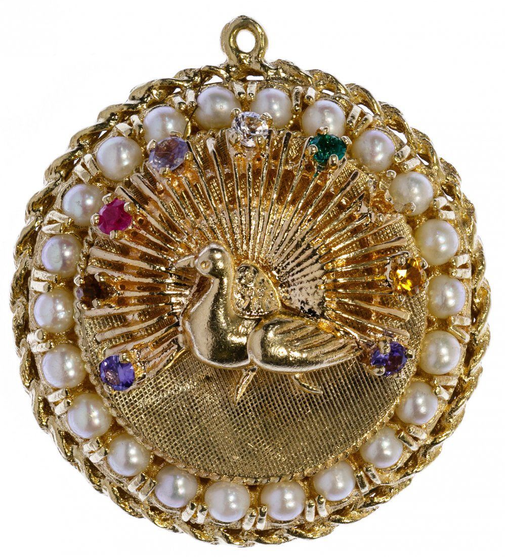Lot 392: 10k Gold, Semi-Precious Gemstone and Pearl Peacock