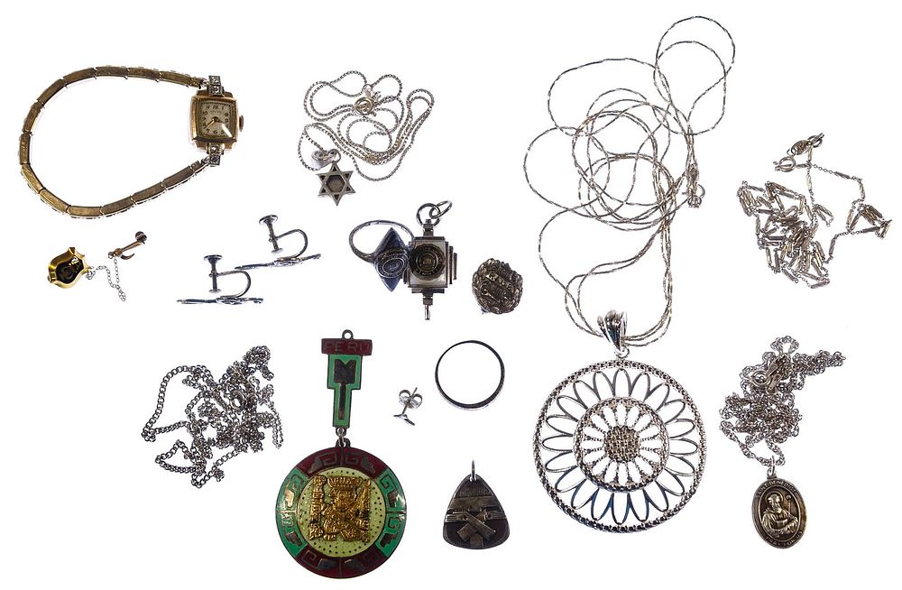 Lot 406: 14k Gold Case Wrist Watch and Sterling Silver Jewelry