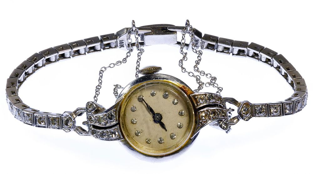 Lot 418: Chase 14k White Gold and Diamond Case and Band Wrist