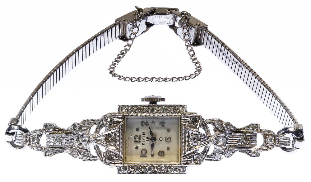 Lot 419: Elgin 14k White Gold and Diamond Case Wrist Watch