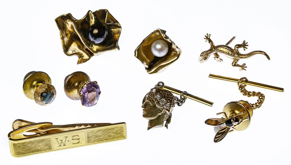 Lot 235: 14k Gold Tie Clip and Tack Assortment