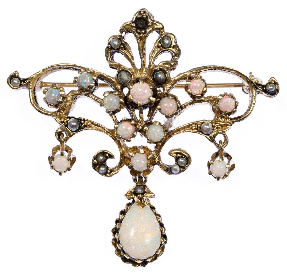 Lot 241: 14k Gold, Seed Pearl and Opal Brooch