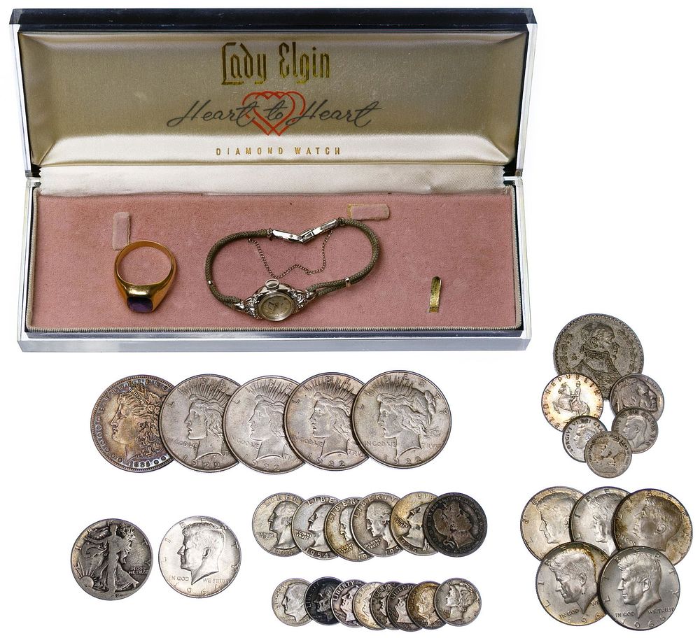 Lot 248: 14k Gold Ring, 14k White Gold Wrist Watch and Coin