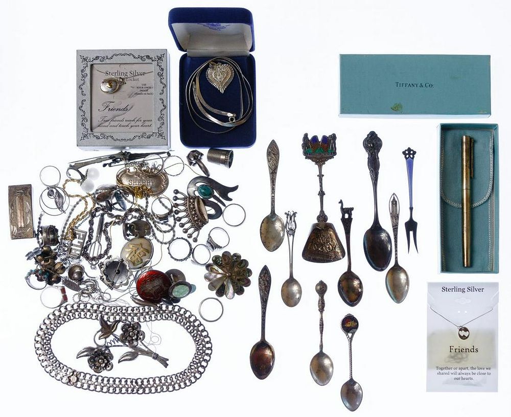 Lot 405: Mixed Silver Jewelry and Flatware Assortment