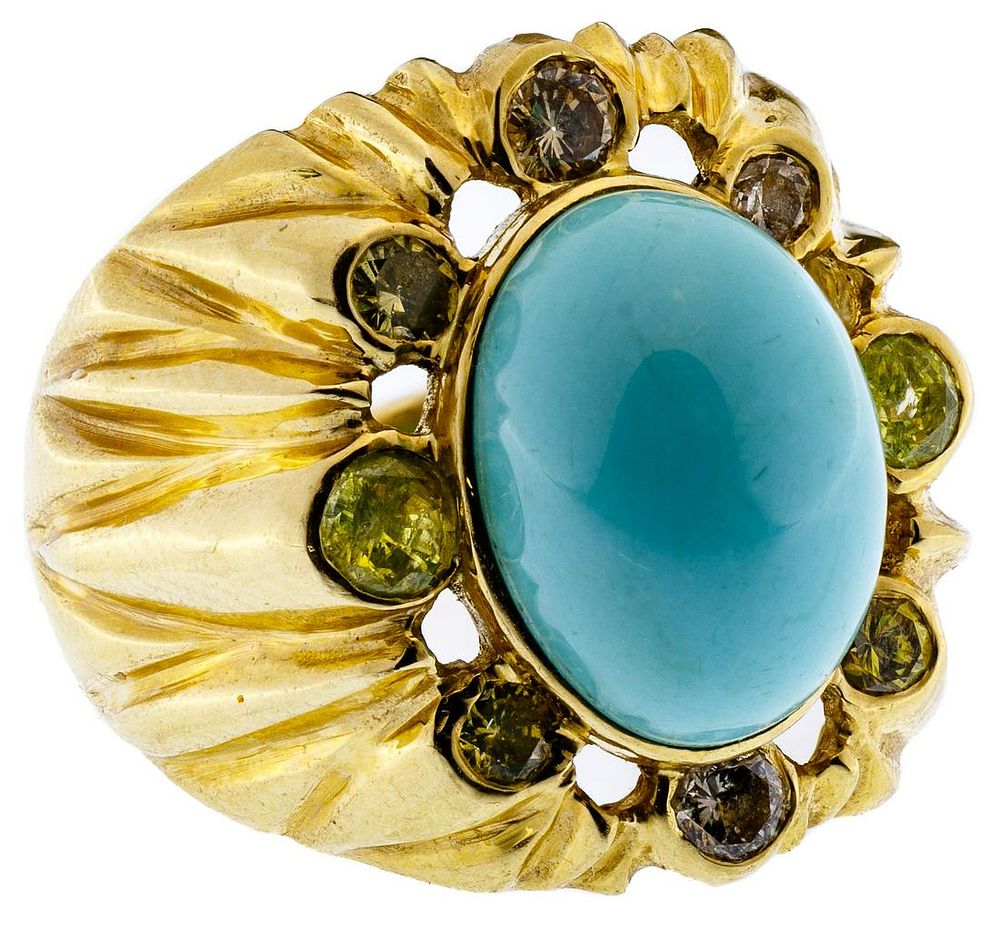 Lot 301: 18k Gold, Persian Turquoise and Diamond Ring