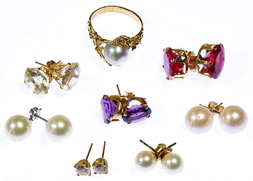 Lot 324: 14k Gold, Gemstone and Pearl Earring and Ring