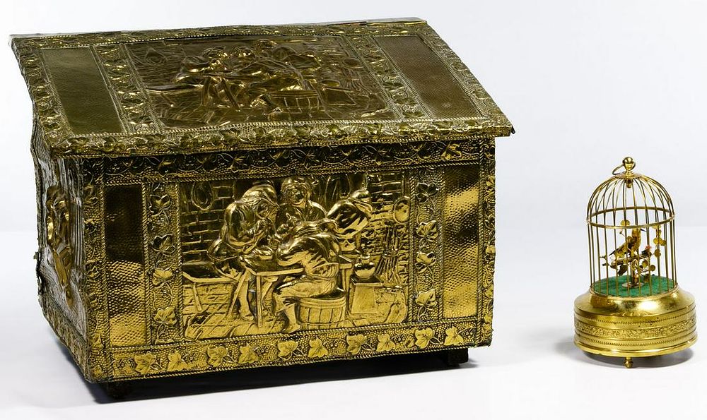 Lot 154: Repousse Brass Covered Box and Mechanical Bird Cage