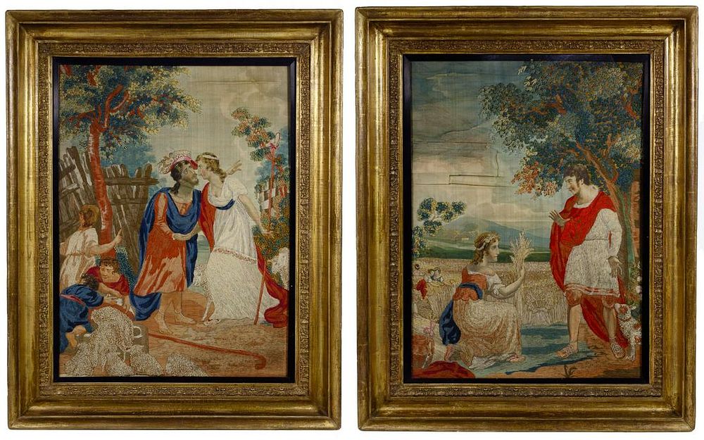 Lot 200: Crewel Work Embroideries on Silk