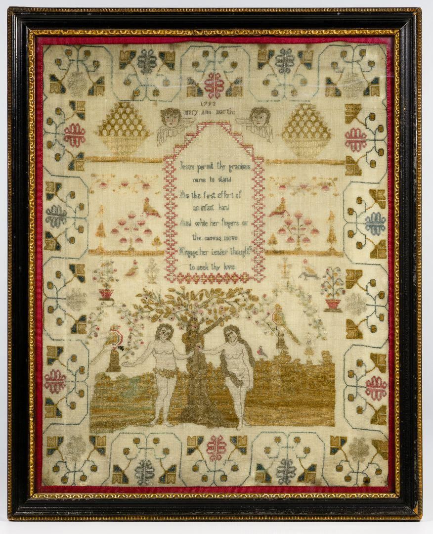 Lot 210: Mary Ann Martin 1793 Schoolgirl Adam & Eve Sampler