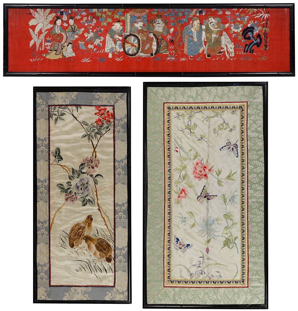 Lot 259: Asian Silk Framed Embroidered Panel Assortment