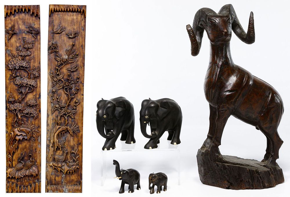 Lot 265: Asian Carved Wood Panel and Animal Assortment
