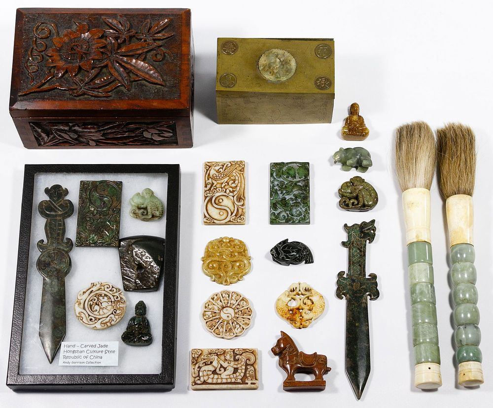 Lot 277: Asian Style Hand Carved Jadeite Jade, Stone and Bone