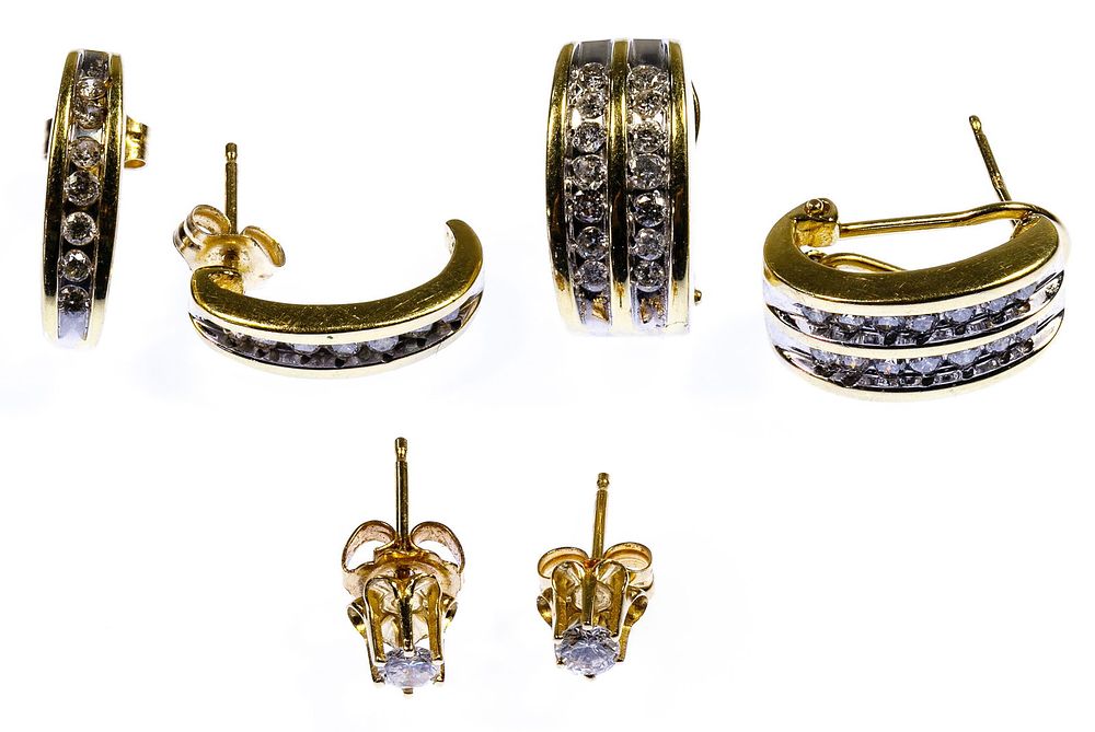 Lot 317: 14k Gold and Diamond Pierced Earring Assortment