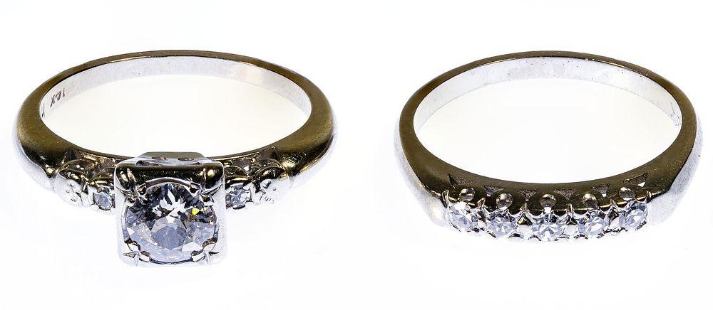 Lot 323: 14k White Gold and Diamond Wedding Ring Set