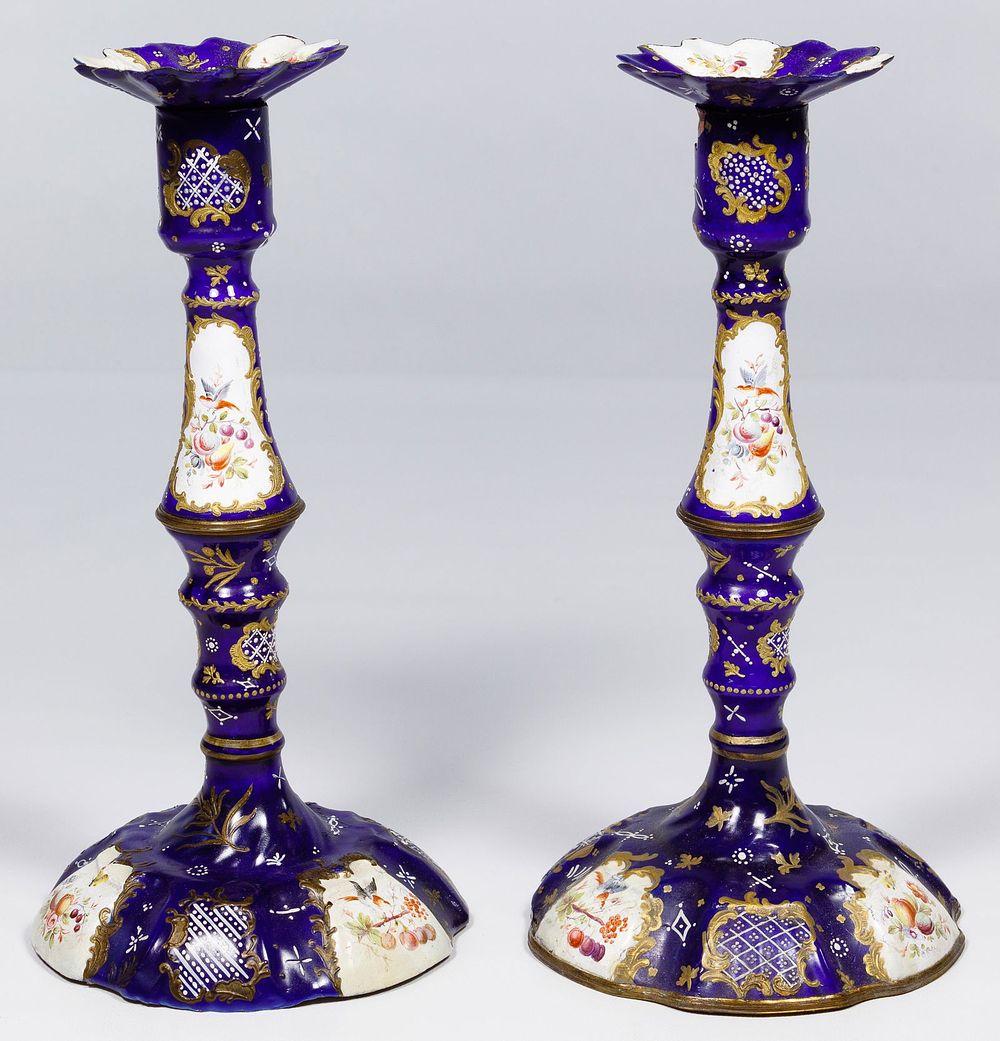 Lot 447: English Battersea Enamel Candlesticks