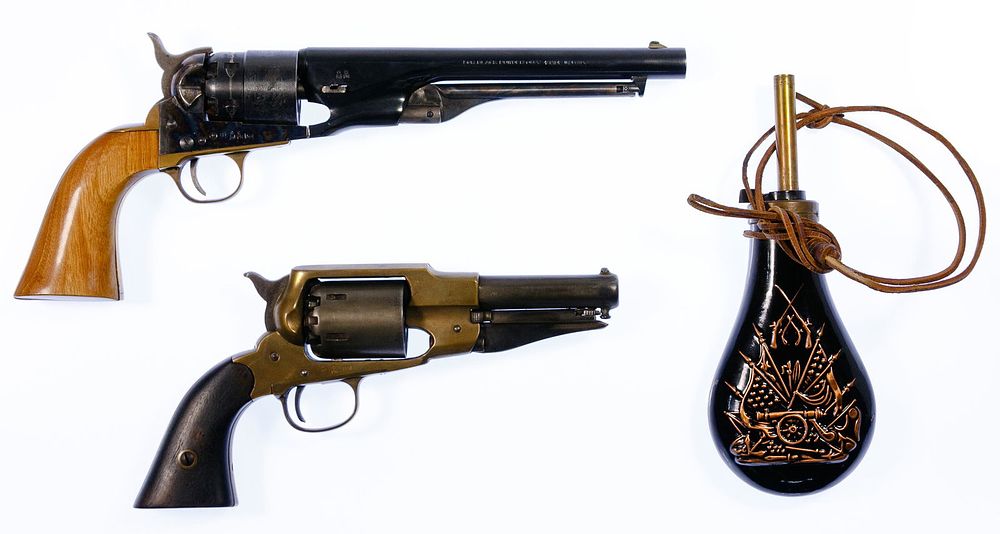 Lot 249: Black Powder Revolver and Powder Flask Assortment