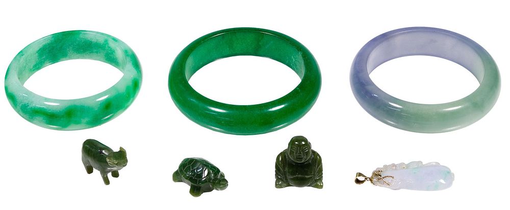 Lot 367: Jadeite Jade Bangle Bracelet and Nephrite Jade Carved