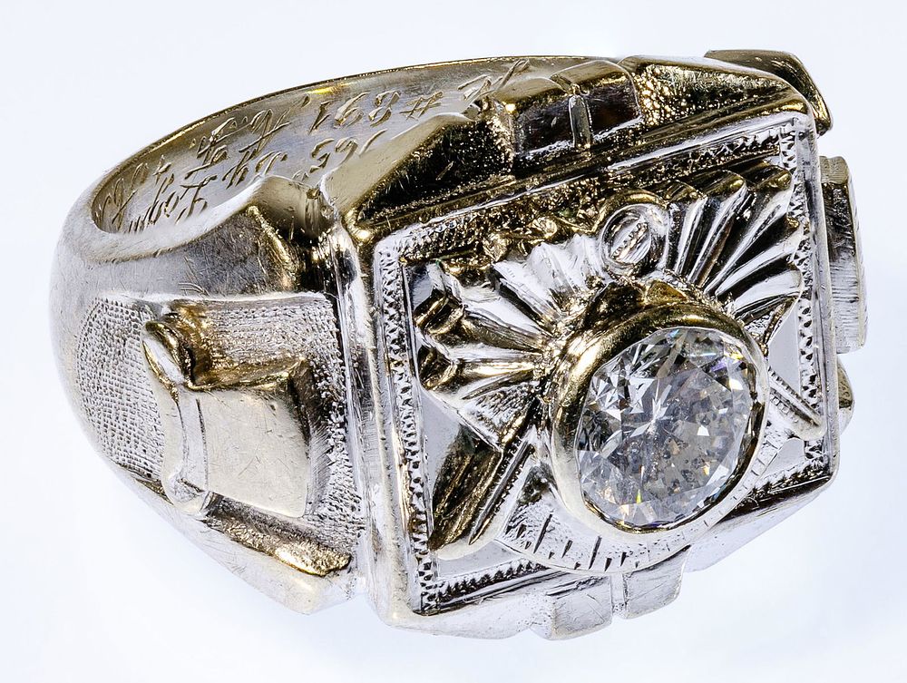Lot 252: Masonic 14k White Gold and Diamond Ring