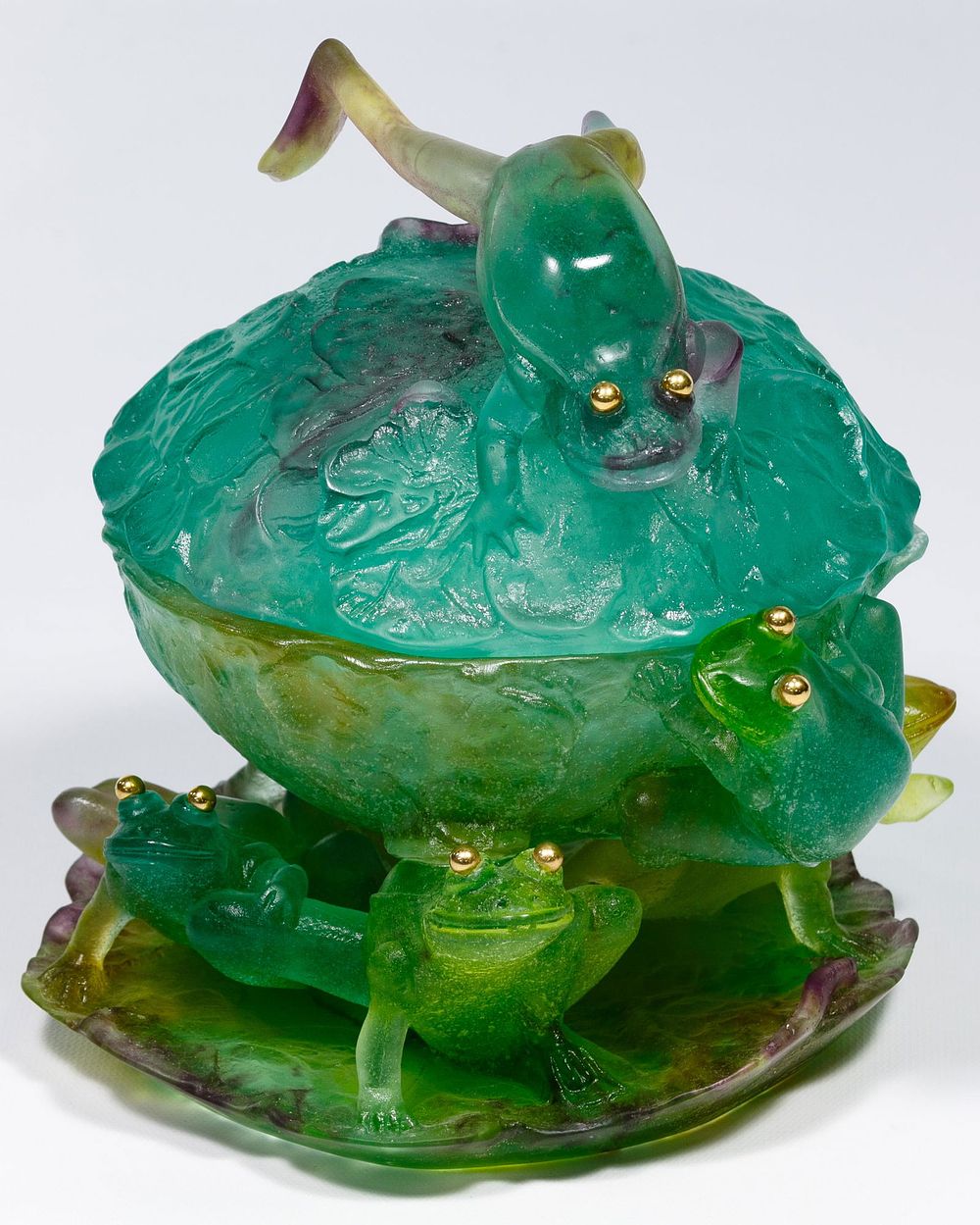 Lot 410: Daum Pate de Verre Frog Design Covered Compote