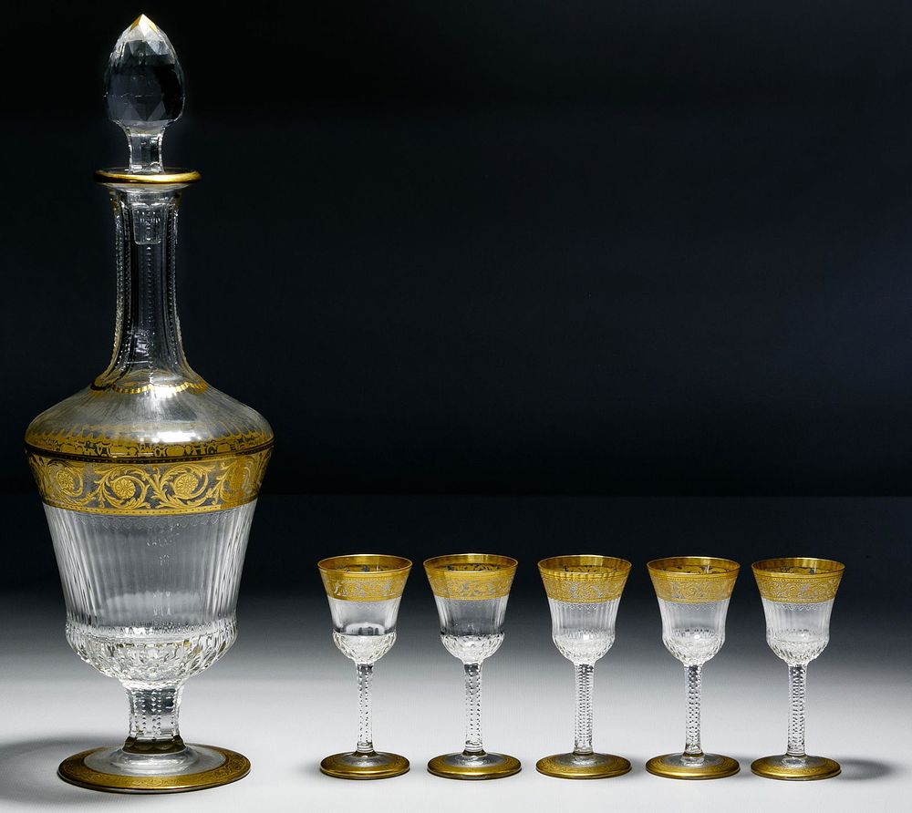 Lot 435: St. Louis Crystal "Thistle" Gold Decanter and Cordial