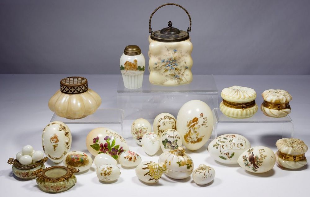 Lot 453: Hand Painted Glass Jar and Opaque Glass Egg Assortment
