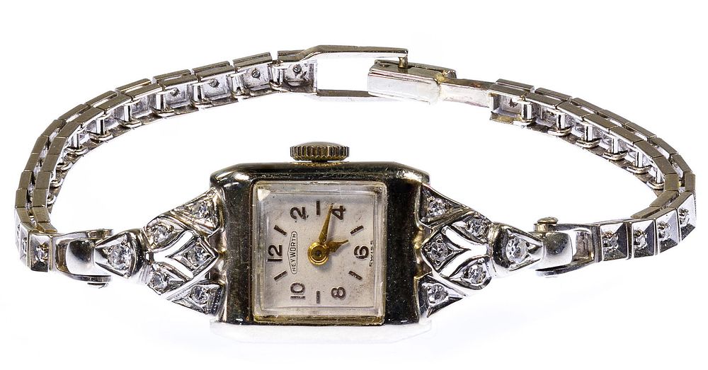 Lot 581: Heyworth 14k White Gold and Diamond Case and Band Wrist