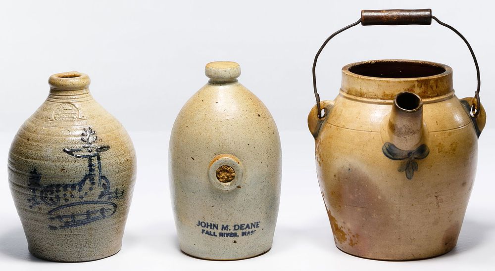 Lot 669: Stoneware Batter Pail, Bed Warmer and Jug