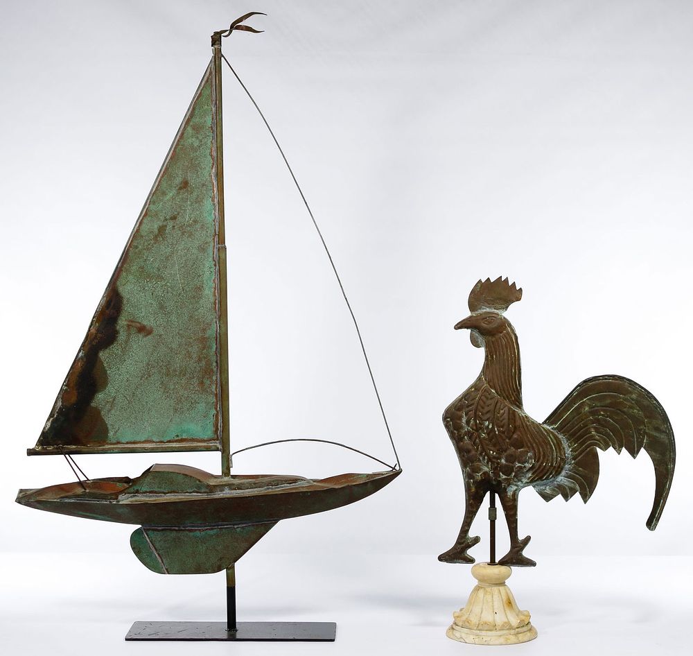 Lot 696: Folk Art Sailboat and Rooster Form Weathervane Toppers